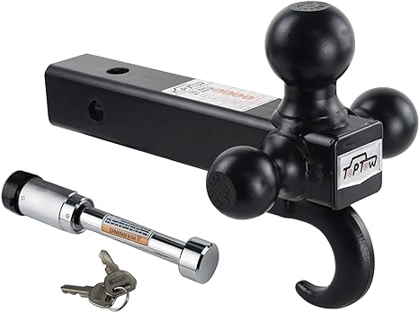 TOPTOW 64181L Trailer Receiver Hitch Triple Ball Mount with Hook, Black Balls, with Lock, Fits for 2 inch Receiver