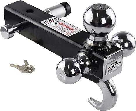 TOPTOW 64180L Trailer Receiver Hitch Triple Ball Mount with Hook, Fits for 2 inch Receiver, Chrome Balls, 2 inch Shank, with 5/8 inch Lock